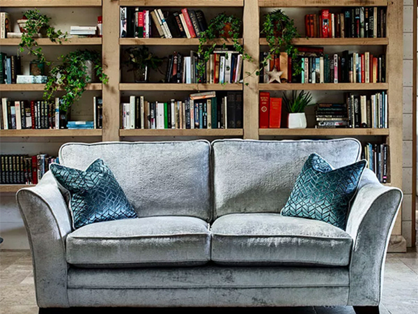 A grey sofa and bookcase